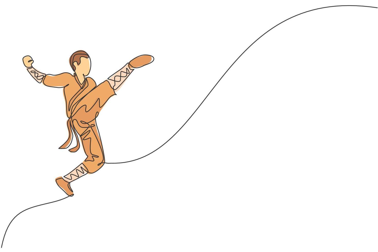 Single continuous line drawing young muscular shaolin monk man train jumping kick at shaolin temple. Traditional Chinese kung fu fight concept. Trendy one line draw graphic design vector illustration