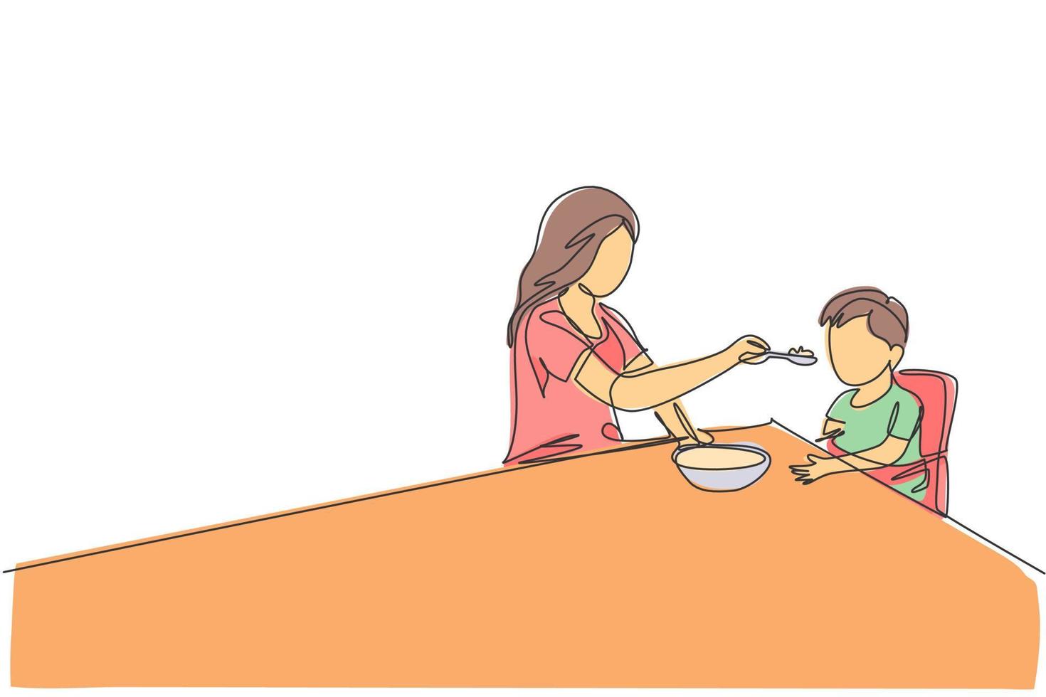 un dibujo de línea continua de una madre joven que alimenta a su hijo enfermo de fiebre mientras está sentada en una silla de comedor en casa. concepto de crianza de los hijos de familia feliz. Ilustración de vector de diseño gráfico de dibujo de línea única dinámica