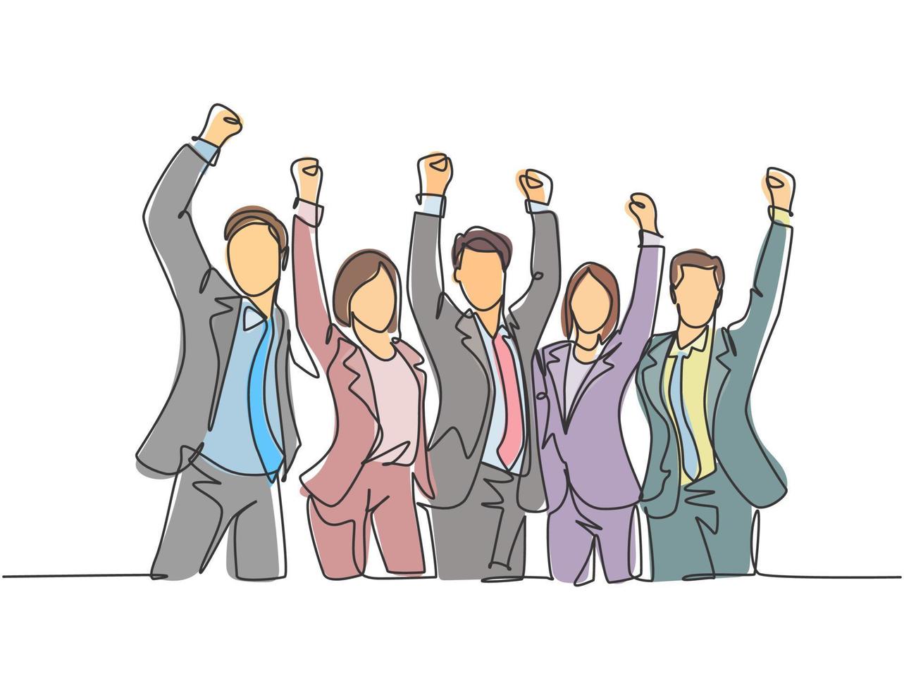 One single line drawing of group of male manager and female manager celebrating their success achieve the business target. Team work goal concept continuous line draw design vector illustration