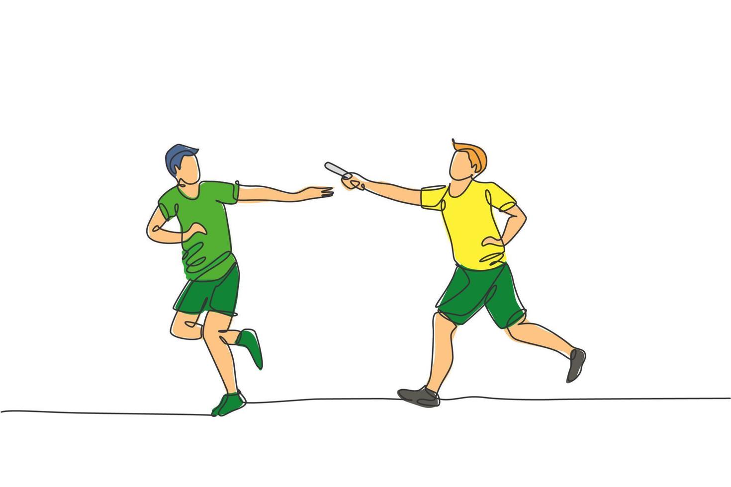 One single line drawing young happy runner man pass baton stick to his teammate at race vector graphic illustration. Healthy lifestyle and competitive sport concept. Modern continuous line draw design