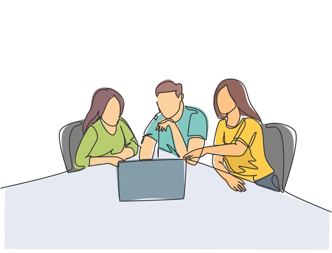 Single continuous line drawing of young business man and business woman discussing project learning data graph on laptop screen. Business meeting one line draw graphic design vector illustration