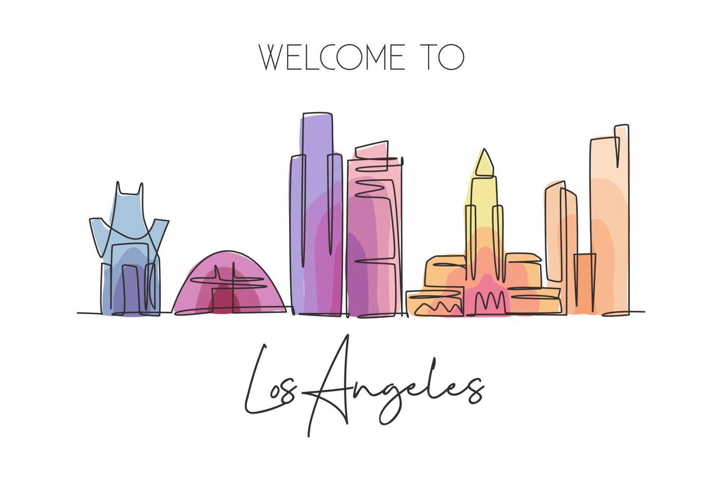 One continuous line drawing of Los Angeles city skyline, United States of America. Beautiful landmark. World travel vacation poster. Editable stylish stroke single line draw design vector illustration