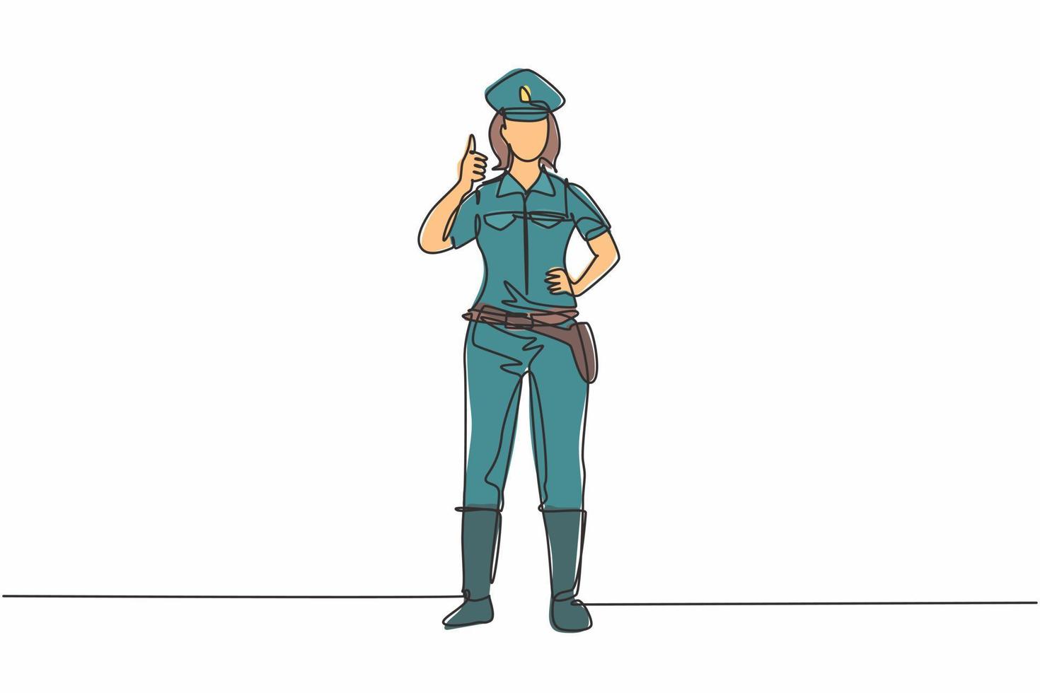 Continuous one line drawing the policewoman standing with a thumbs-up gesture and in full uniform works to control vehicle traffic on the highway. Single line draw design vector graphic illustration