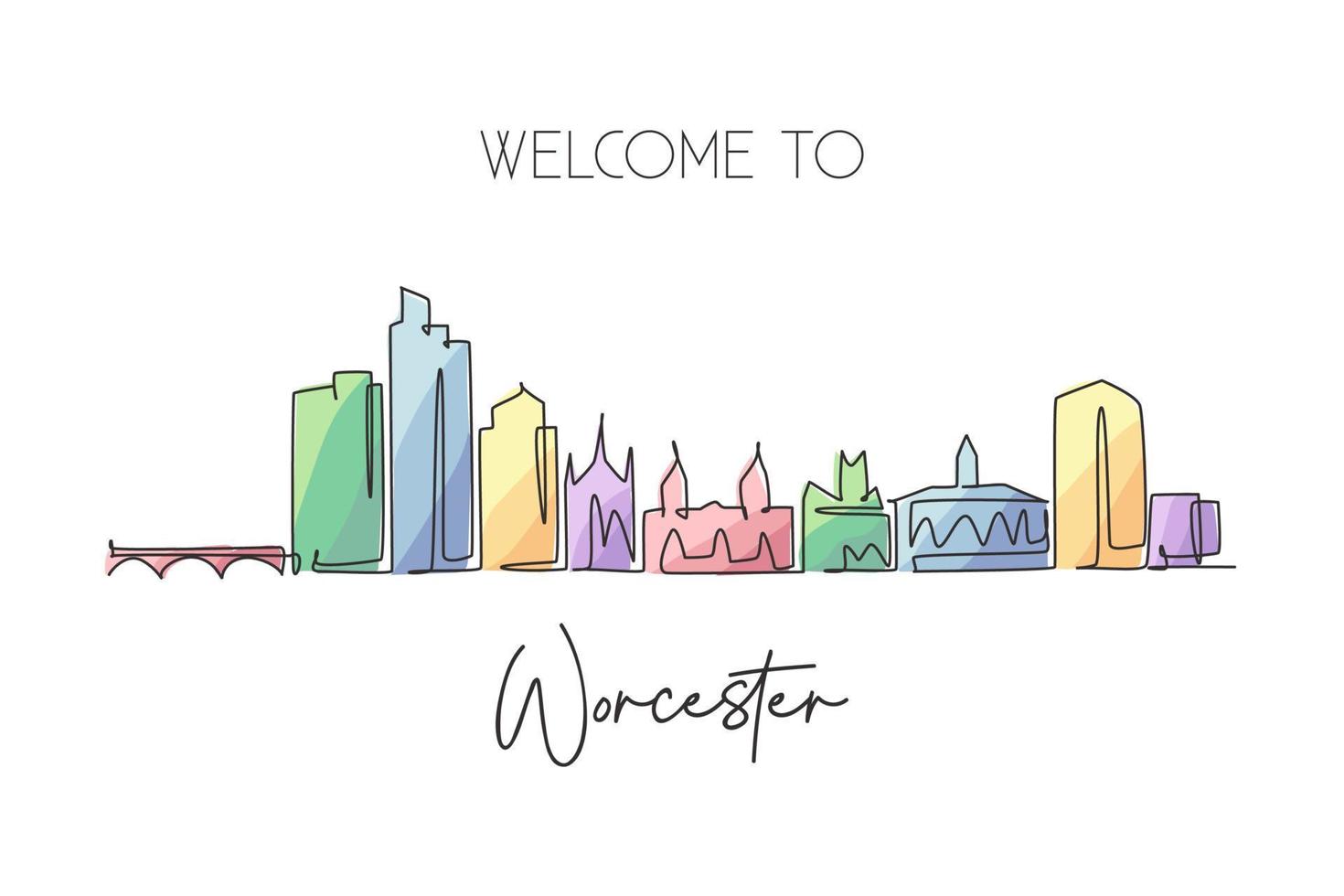 One single line drawing Worcester city skyline, Massachusetts. World historical town landscape art. Best holiday destination postcard. Editable stroke continuous line draw design vector illustration