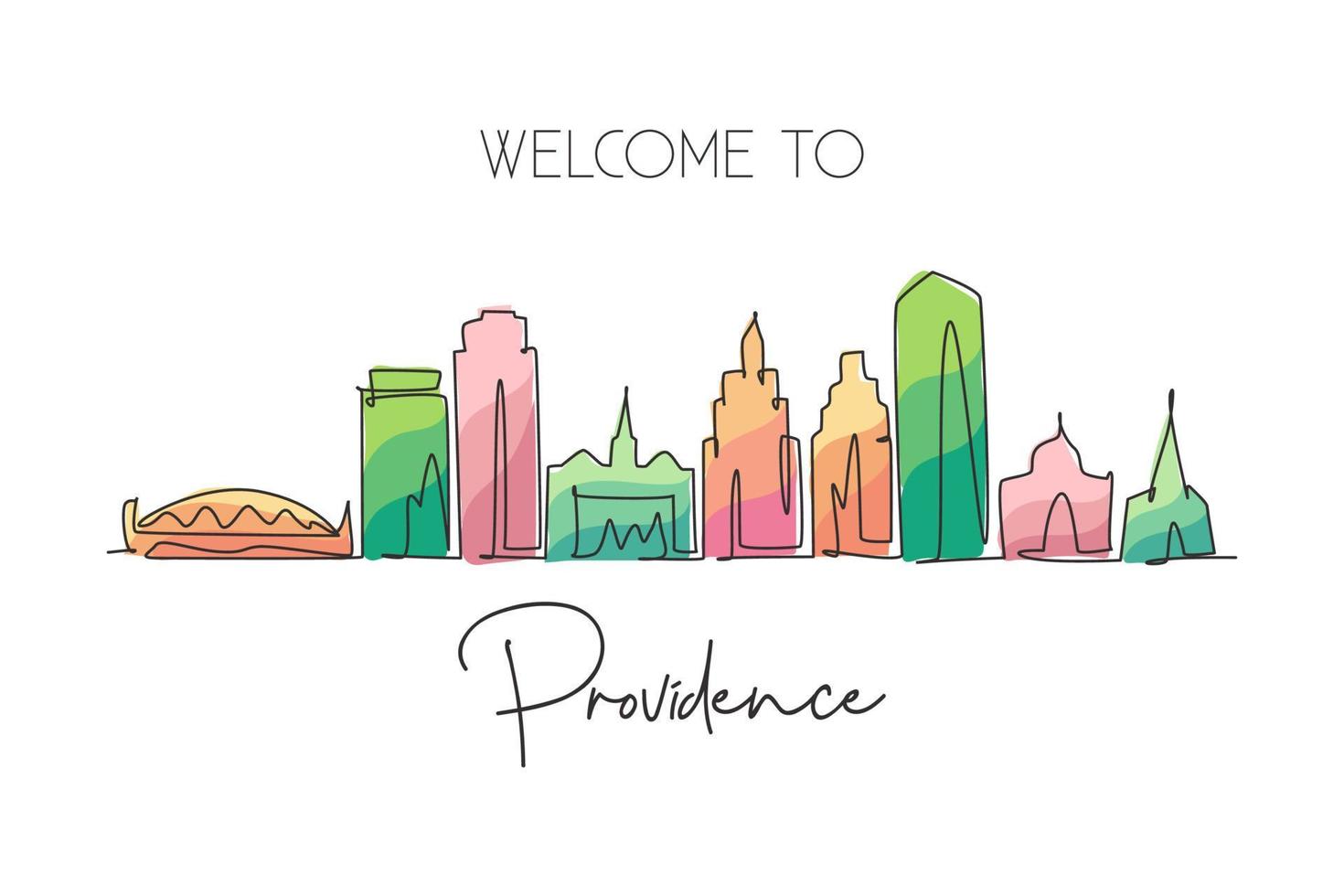 Single continuous line drawing Providence skyline, Rhode Island. Famous city scraper landscape. World travel home wall decor art poster print concept. Modern one line draw design vector illustration