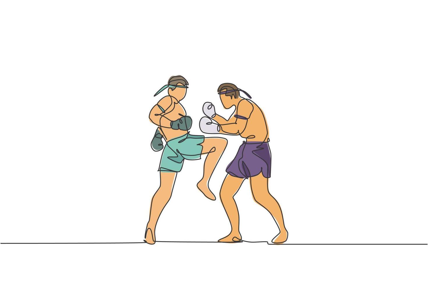 One continuous line drawing two young sporty muay thai boxer men preparing to fight sparring at boxing arena. Fighting sport game concept. Dynamic single line draw design graphic vector illustration