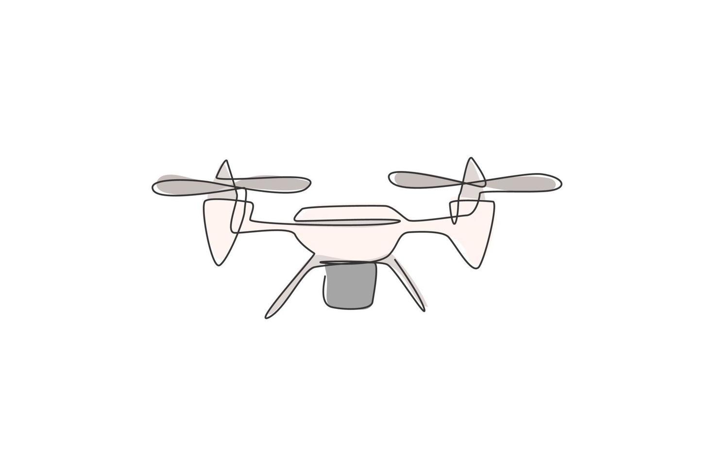 One single line drawing of flying drone airplane, unmanned plane vector graphic illustration. Modern air gadget for videography concept. Modern continuous line draw design