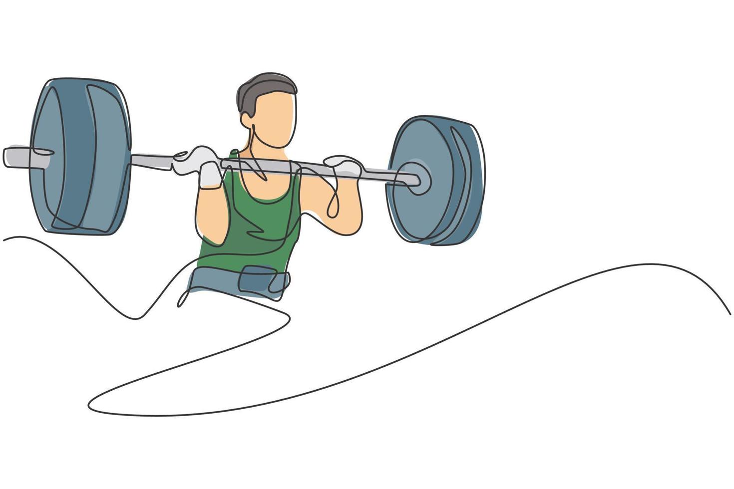 One single line drawing of fit young athlete muscular man lifting barbells working out at a gym vector illustration. Weightlifter preparing for training concept. Modern continuous line draw design