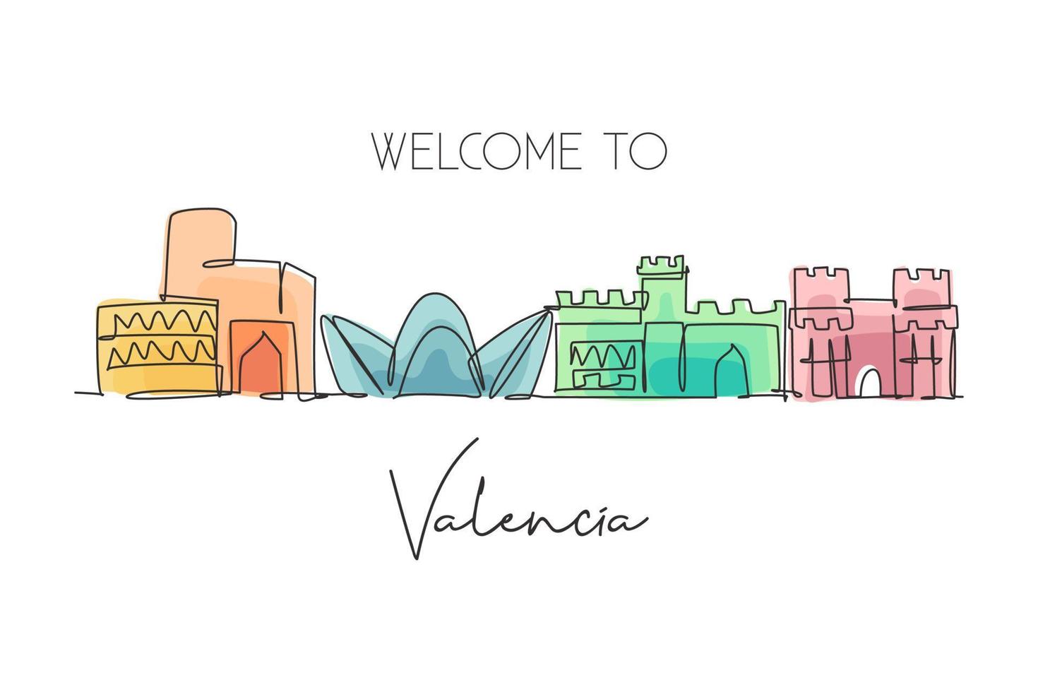 Single continuous line drawing of Valencia city skyline, Spain. Famous skyscraper and landscape postcard. World travel wall decor poster print concept. Modern one line draw design vector illustration