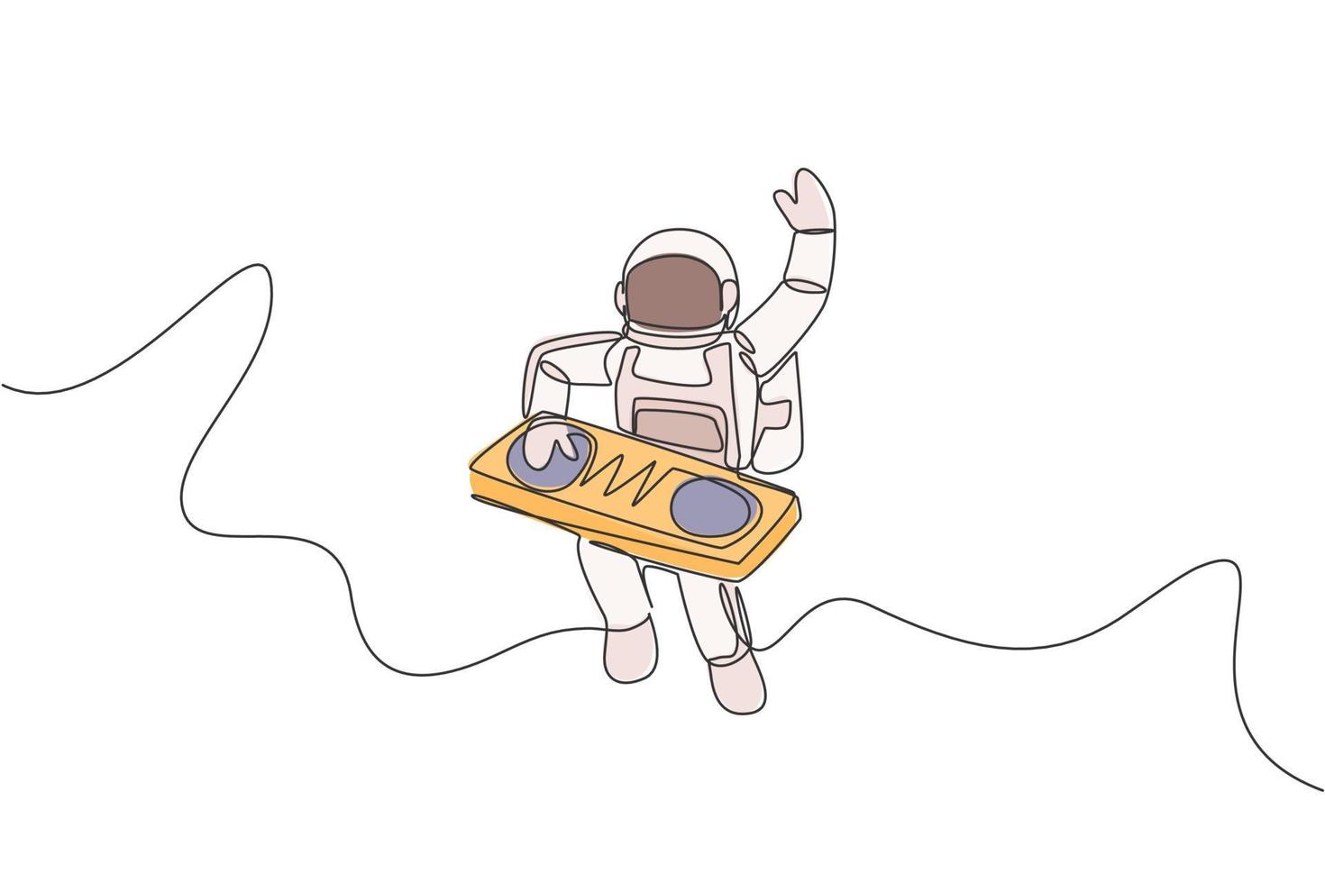 One single line drawing of spaceman playing mixer dj musical instrument in deep space vector illustration. Music concert poster with space astronaut concept. Modern continuous line graphic draw design