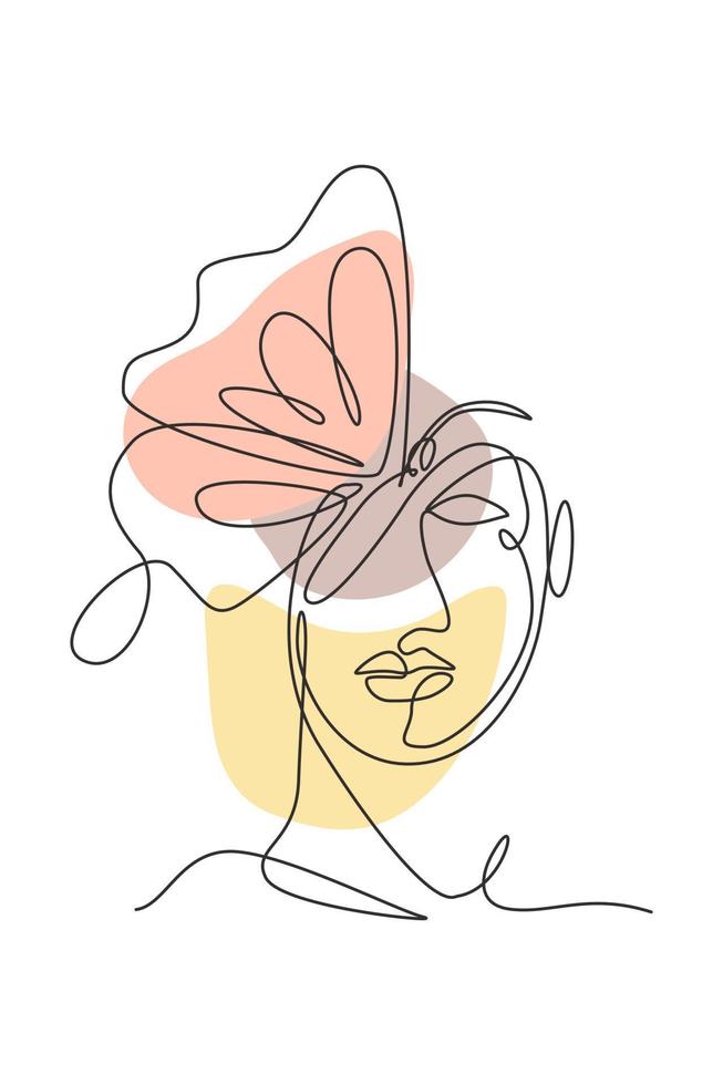 One single line drawing woman with butterfly line art vector illustration. Female abstract face butterfly wings portrait minimalistic fashion style concept. Modern continuous line graphic draw design