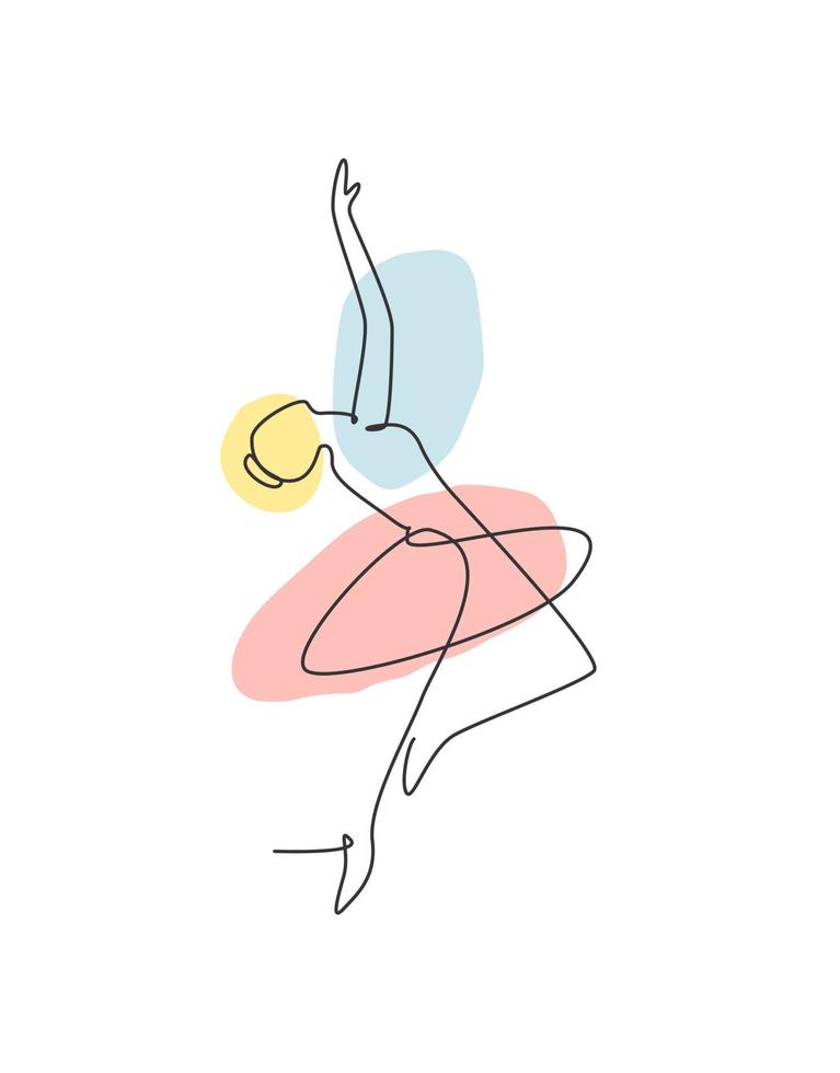 Single continuous line drawing pretty ballerina in ballet motion dance style. Beauty sexy dancer concept logo, Minimalist poster print art. Trendy one line draw design vector graphic illustration