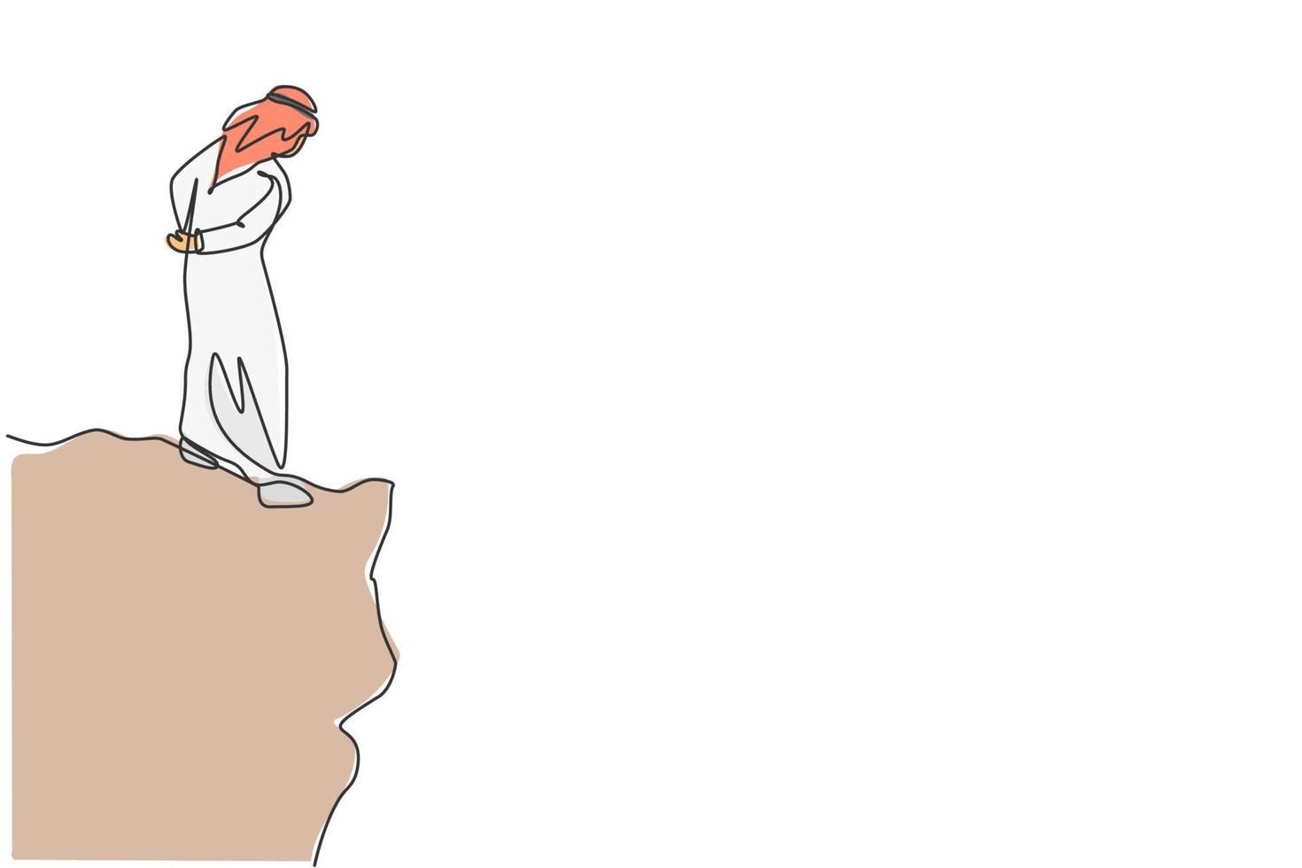 Single continuous line drawing of young Arabian businessman looking down at the bottom of the abyss. Professional worker. Minimalism concept dynamic one line draw graphic design vector illustration