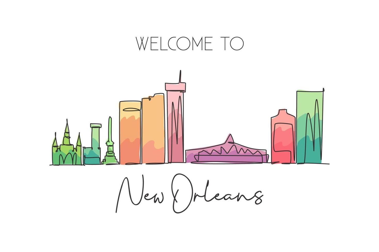 Single continuous line drawing New Orleans city skyline, Louisiana, USA. Famous city landscape. World travel concept home wall decor poster print art. Modern one line draw design vector illustration