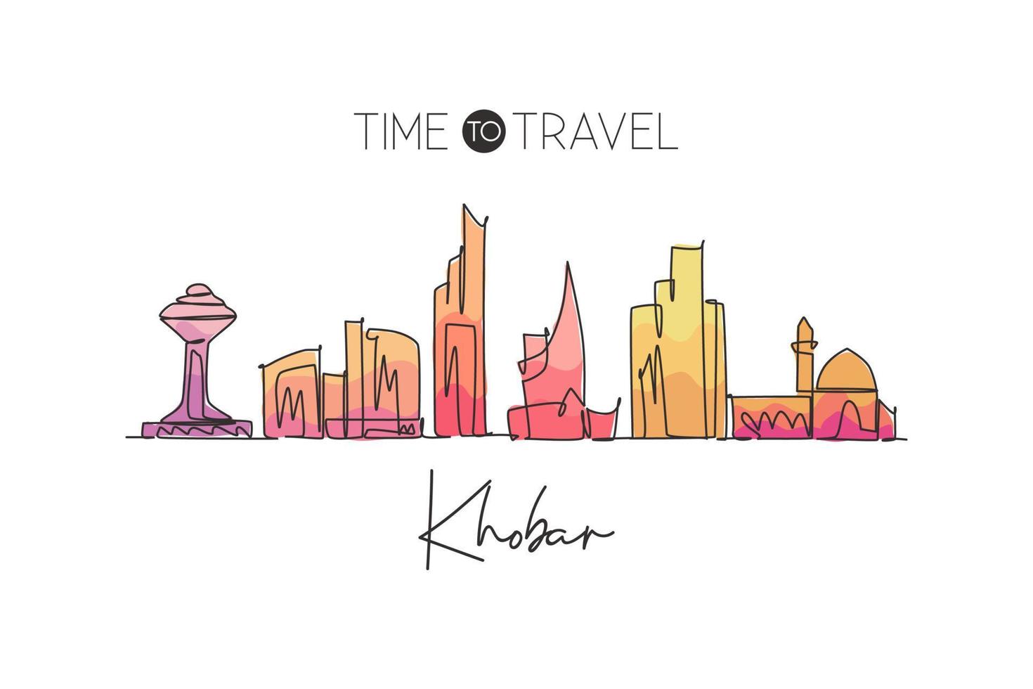 One continuous line drawing Khobar city skyline, Saudi Arabia. Beautiful landmark home decor poster print. World landscape tourism travel vacation. Stylish single line draw design vector illustration
