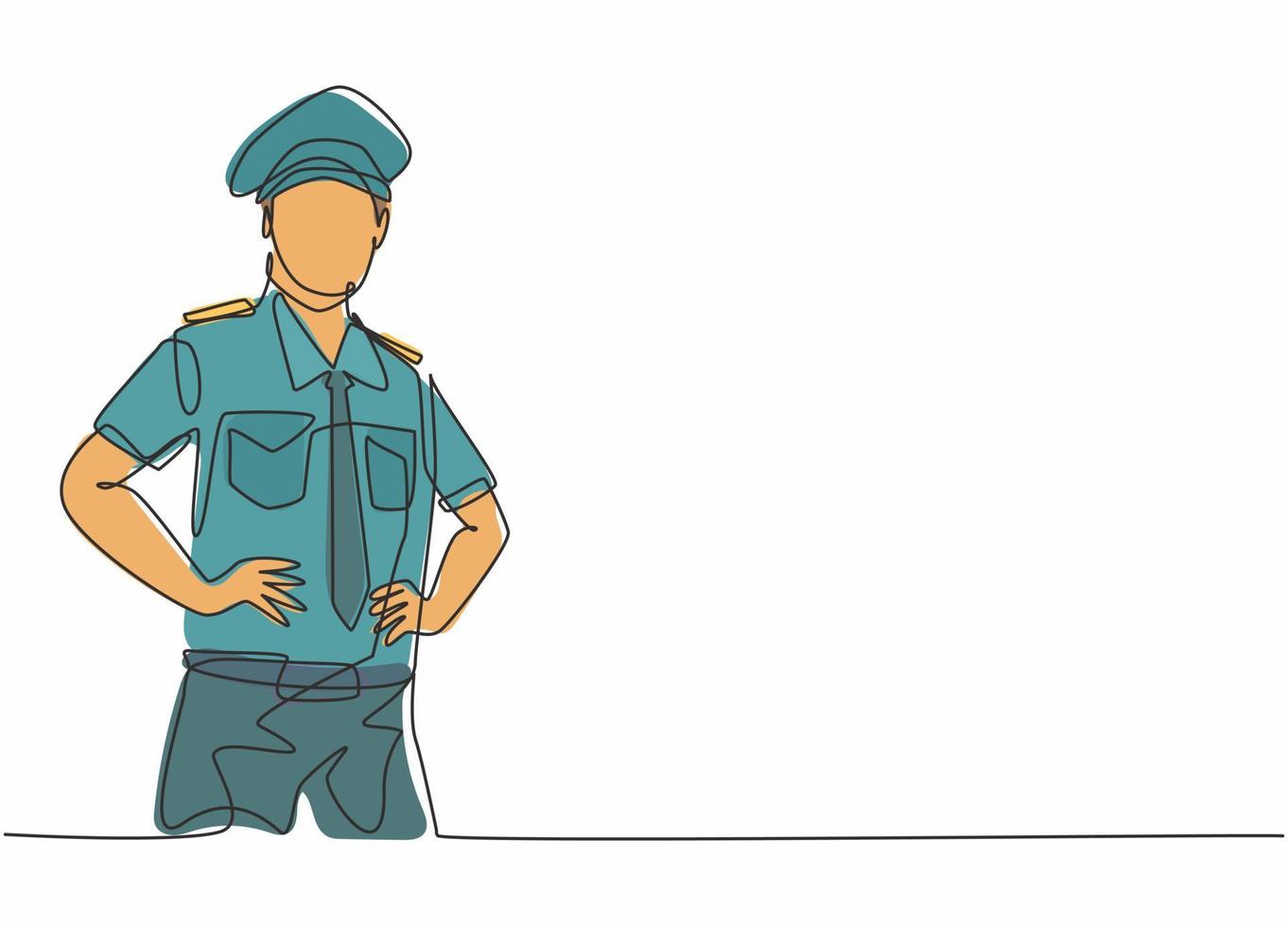 Continuous one line drawing of young captain pilot pose wearing uniform before take off flight. Professional job profession minimalist concept. Single line draw design vector graphic illustration