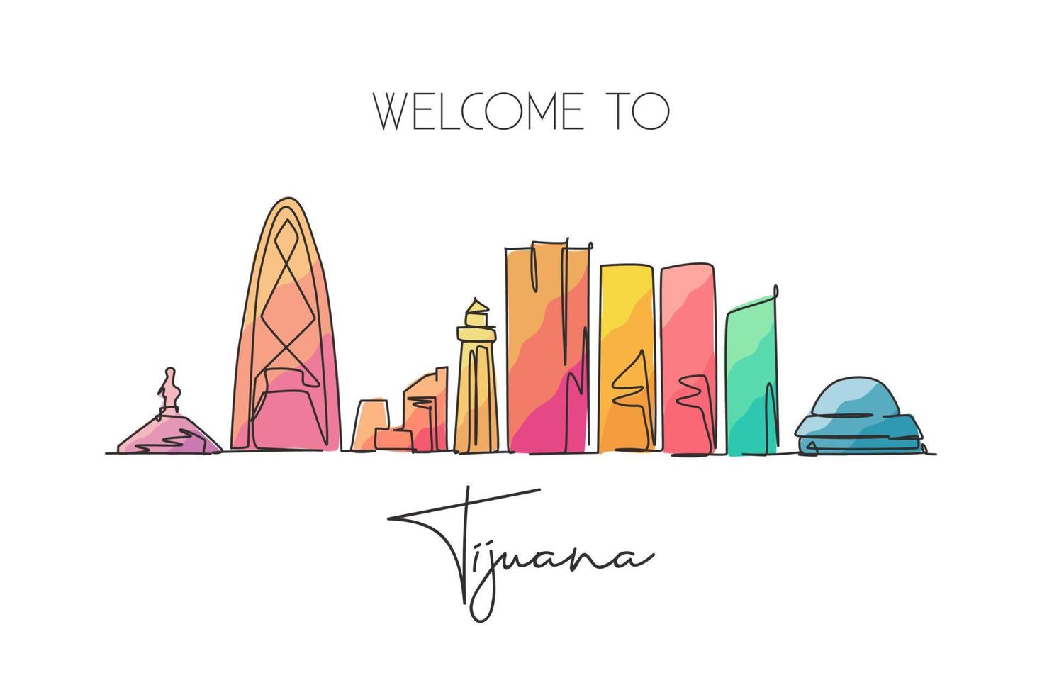 One continuous line drawing Tijuana city skyline, Mexico. Beautiful landmark postcard. World landscape tourism and travel vacation. Editable stylish stroke single line draw design vector illustration