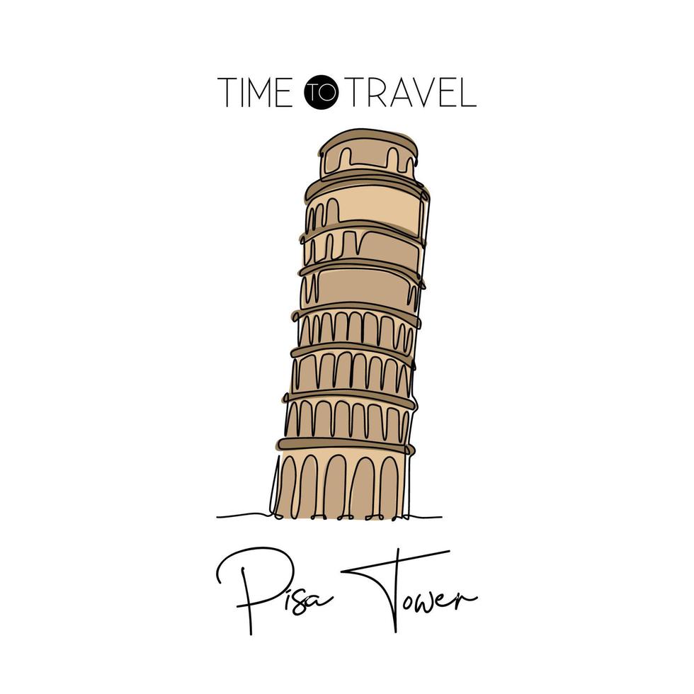 un dibujo de línea continua del punto de referencia de la torre de pisa. hermoso lugar icónico histórico en piazza del duomo. impresión del cartel del arte de la decoración de la pared del hogar. ilustración gráfica de vector de diseño de dibujo de una sola línea moderna