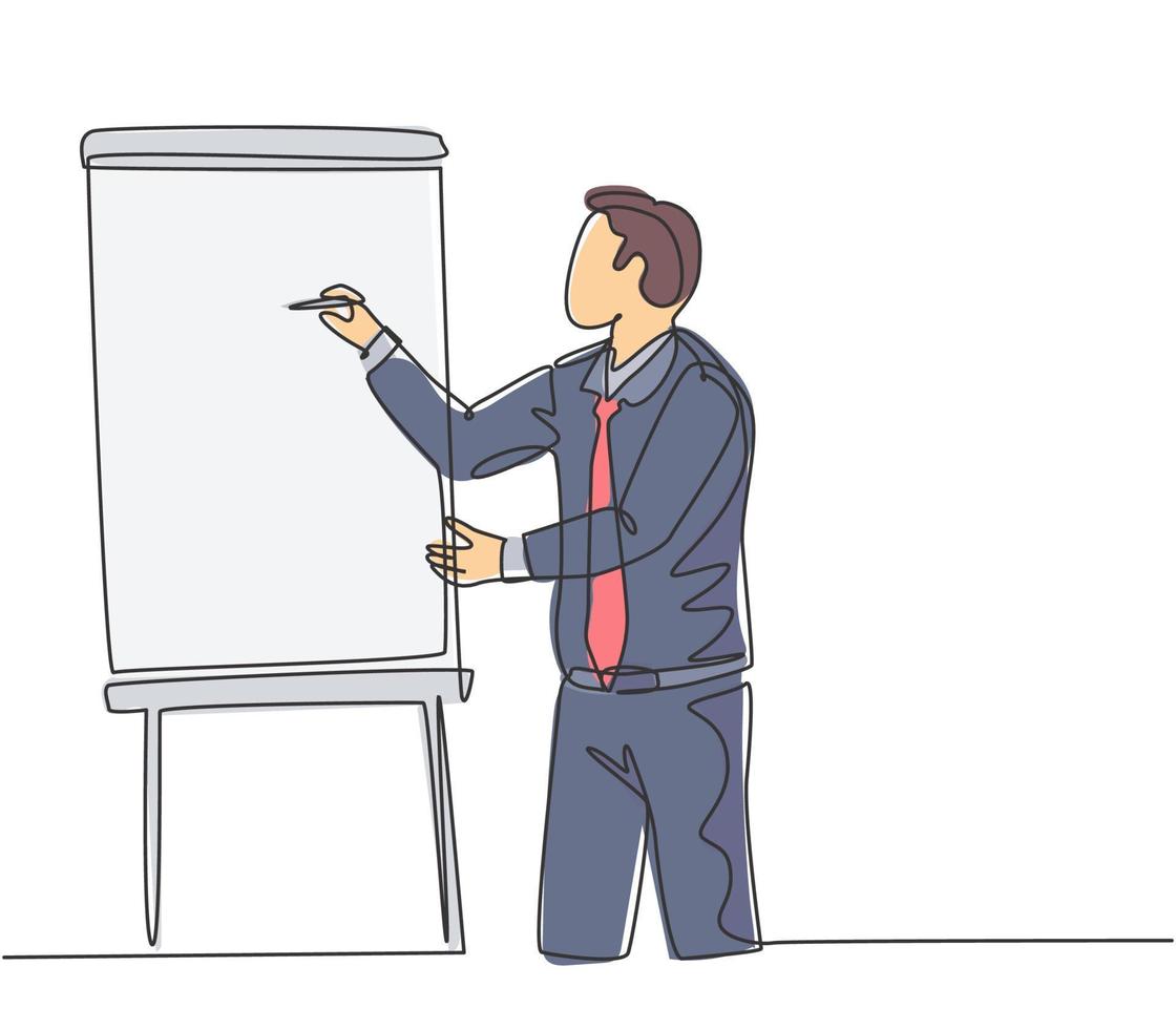 Single continuous line drawing of young businessman pointing the infographic on screen board using a marker. Business presentation at the office concept. Trend one line draw design vector illustration