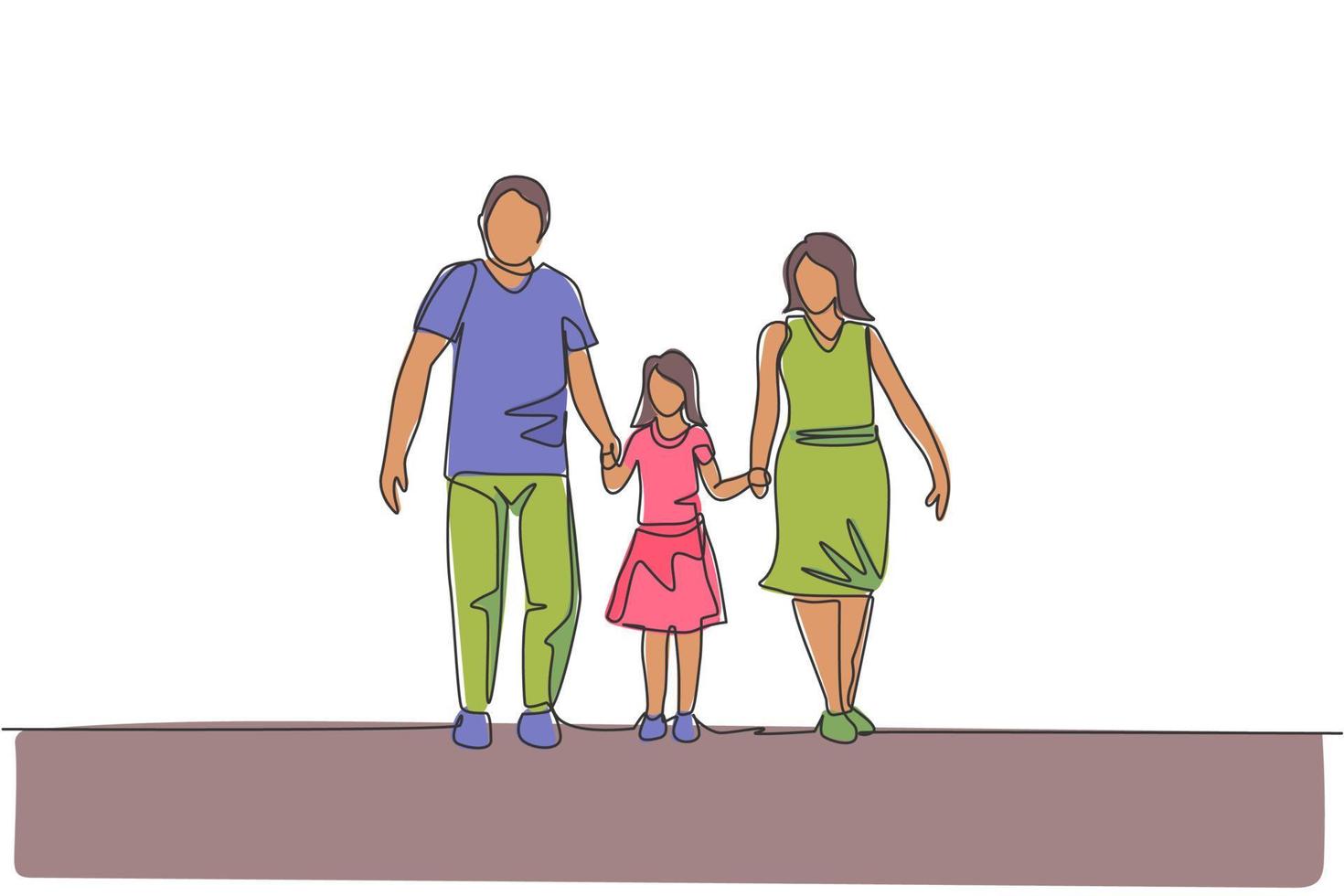 un dibujo de línea continua de una joven mamá y un papá felices guían a su hija a caminar juntos. concepto de familia de crianza amorosa feliz. Ilustración de vector de diseño gráfico de dibujo de línea única dinámica
