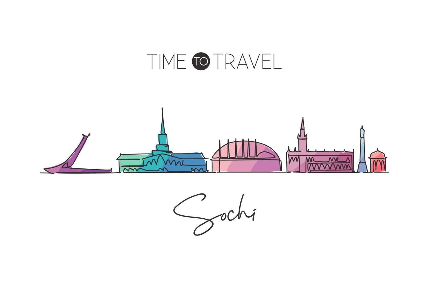 One single line drawing of Sochi city skyline, Russia. World historical town landscape postcard. Best place holiday destination. Editable stroke trendy continuous line draw design vector illustration