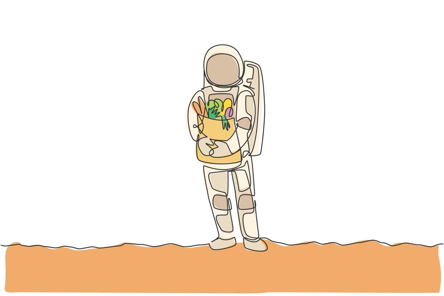 One single line drawing of astronaut bring paper bag full of groceries on chest in moon surface in moon surface vector illustration. Outer space farming concept. Modern continuous line draw design