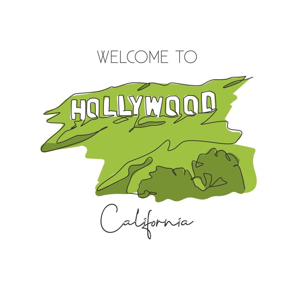 Depok, Indonesia - August 2, 2019- Single continuous line drawing of Hollywood sign landmark. Famous place in Los Angeles, California, US. Home decor wall art poster print. Vector graphic illustration