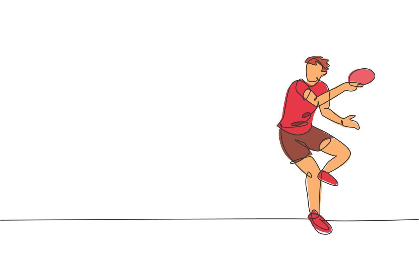 un dibujo de línea continua de un joven jugador de tenis de mesa deportivo que se pone a la defensiva para golpear la pelota. concepto de deporte competitivo. ilustración vectorial de diseño de dibujo de una sola línea para el cartel del campeonato de ping pong vector