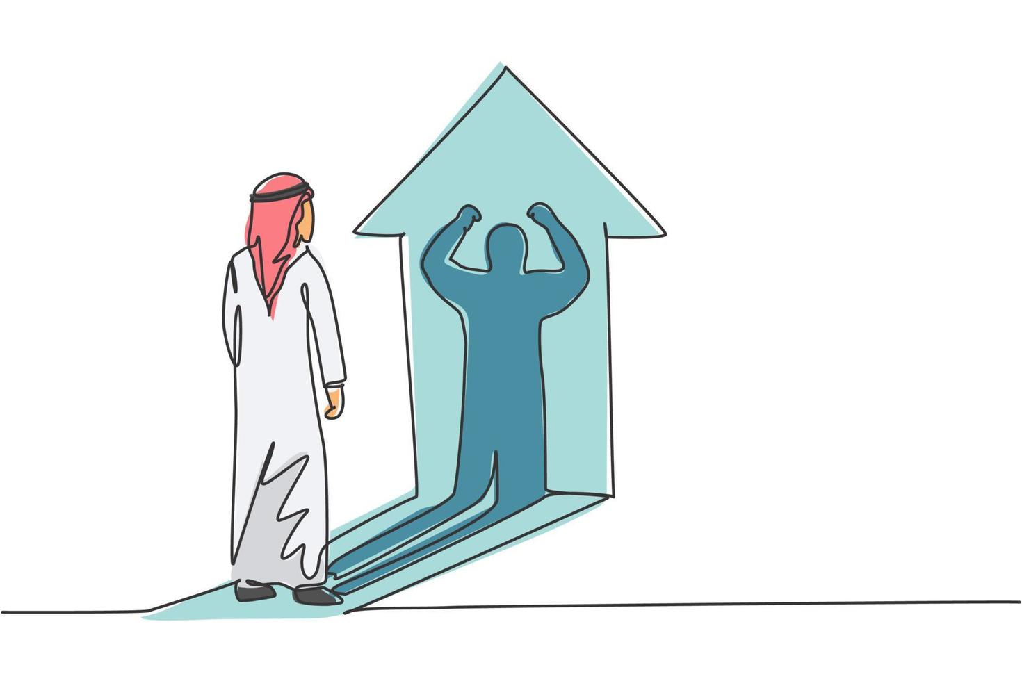 Single one line drawing of young Arabic businessman facing his muscular shadow on wall. Success champion entrepreneur minimal concept. Modern continuous line draw design graphic vector illustration