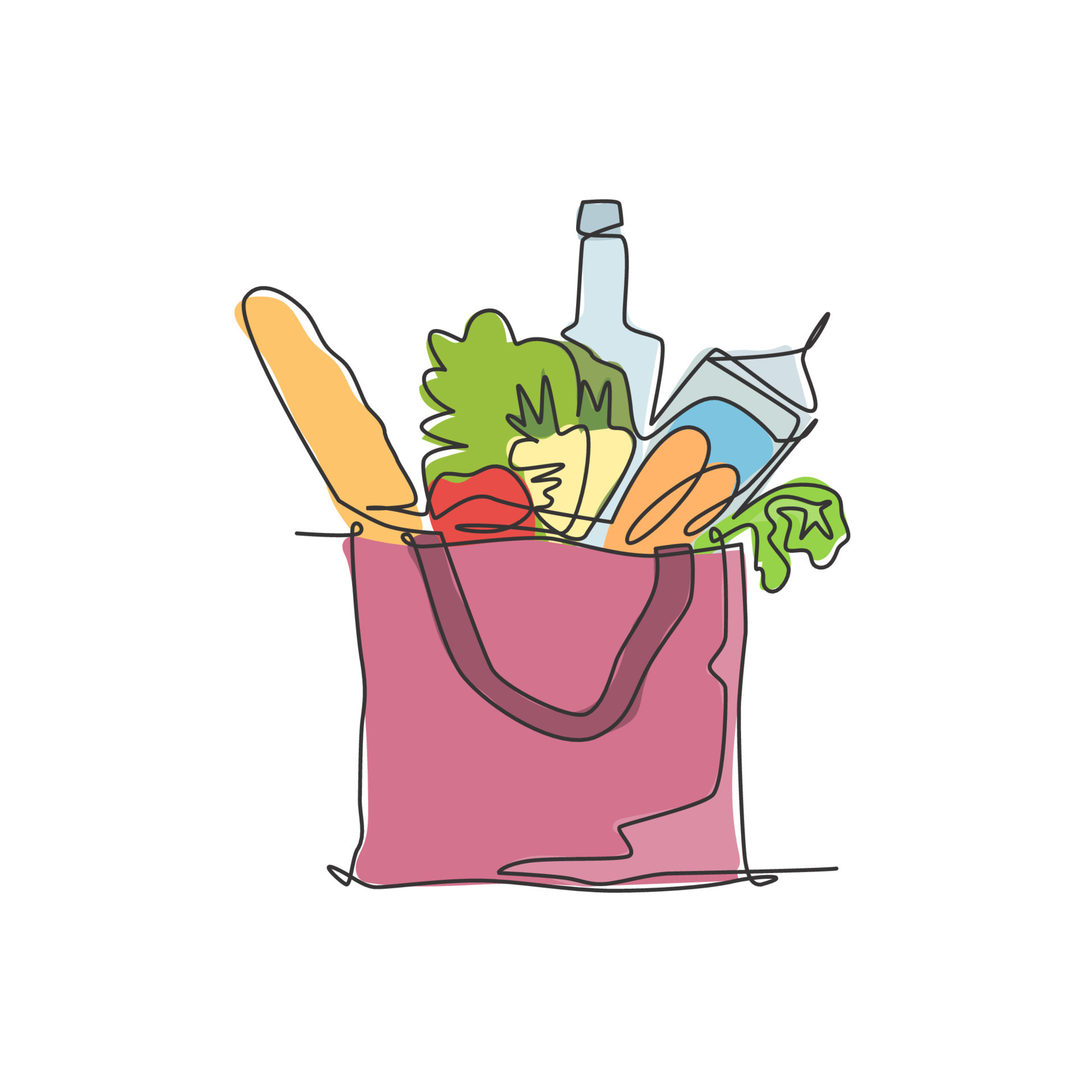 Single continuous line drawing of stylized paper grocery bag contain