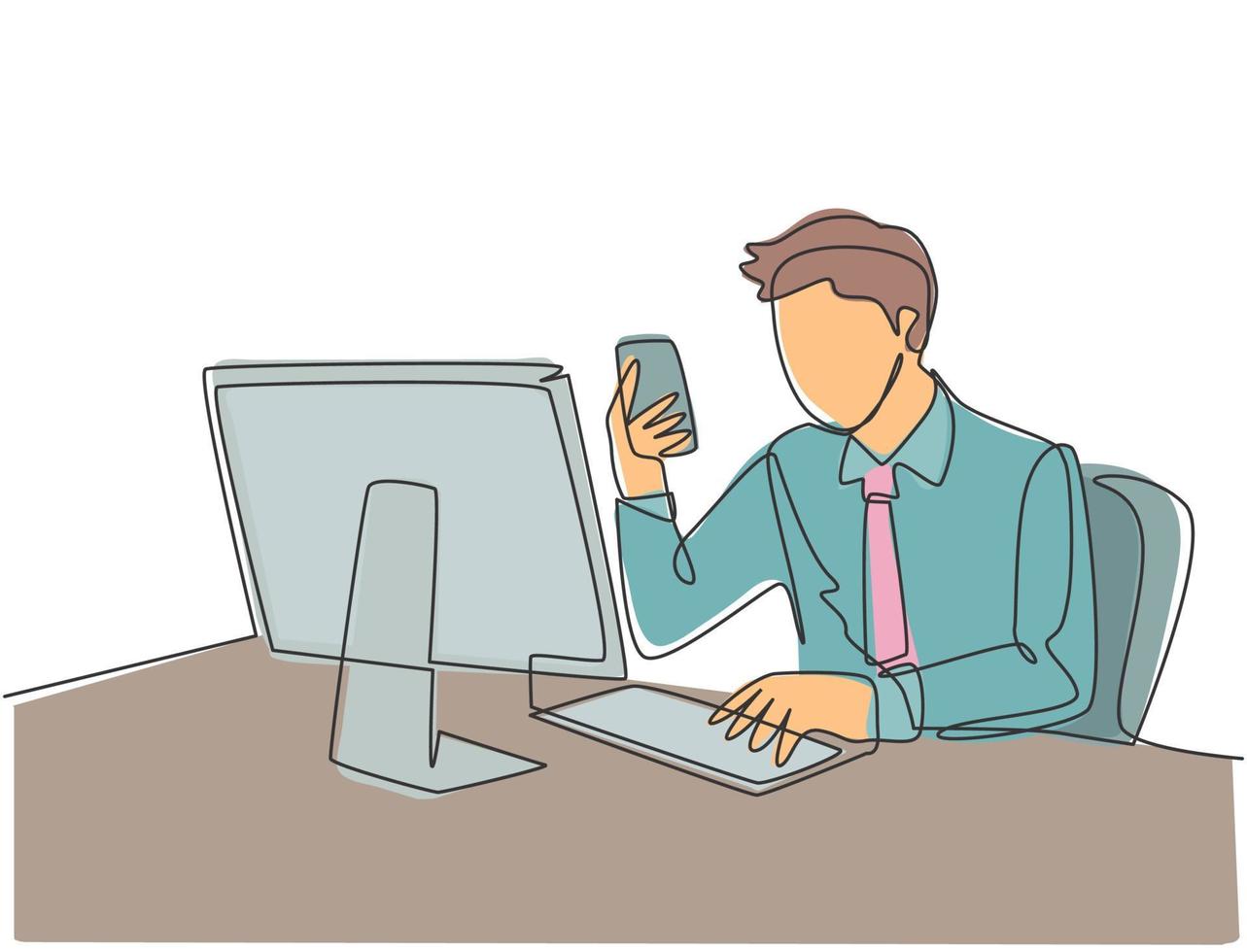 Single continuous line drawing of young manager typing message on smartphone and sending it to his colleague while siting at the office. Text messaging concept one line draw design vector illustration