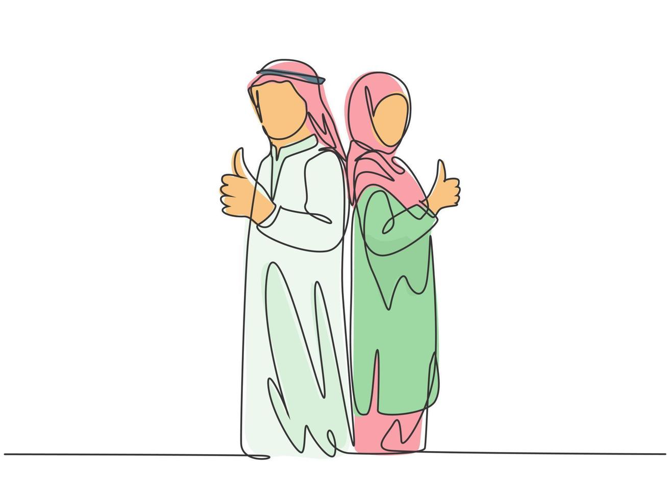 One single line drawing of young happy muslim male and female couple give thumb up gesture. Saudi Arabia cloth shmag, kandora, headscarf, thobe, ghutra. Continuous line draw design vector illustration