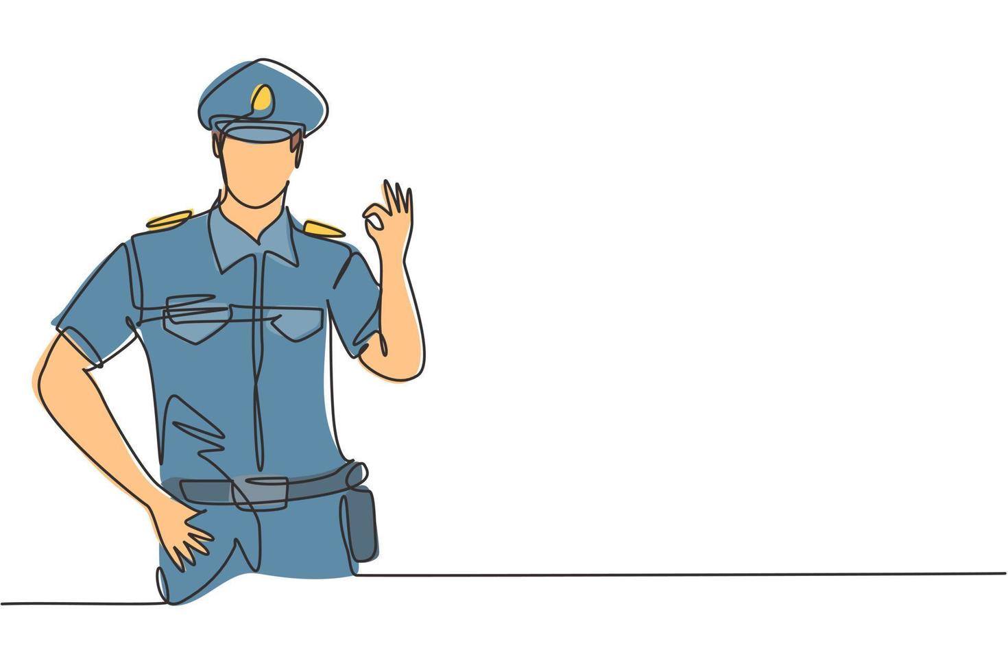 Single continuous line drawing policeman with gesture okay and full uniform is ready to enforce traffic discipline on highway. Standby patrol. Dynamic one line draw graphic design vector illustration
