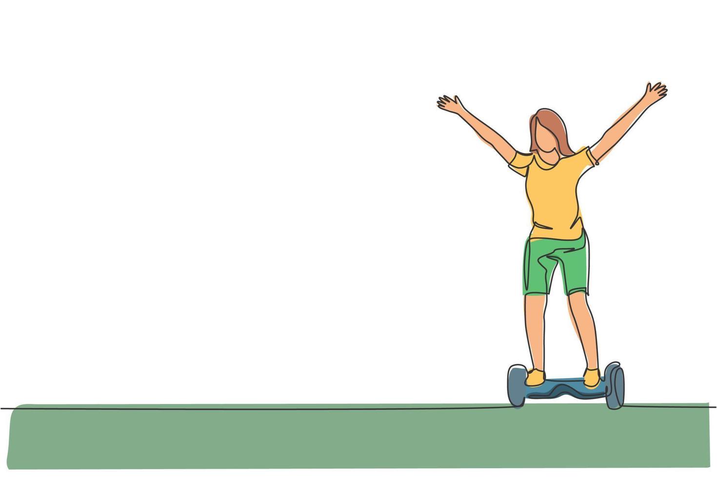 One continuous line drawing of young happy woman stand and ride hoverboard at outdoor park. Green transportation. Future urban lifestyle concept. Dynamic single line draw design vector illustration