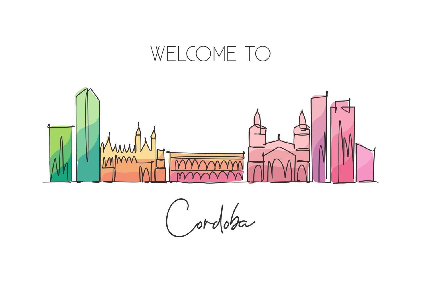 Single continuous line drawing of Cordoba city skyline, Argentina. Famous city scraper landscape postcard print art. World travel destination concept. Modern one line draw design vector illustration