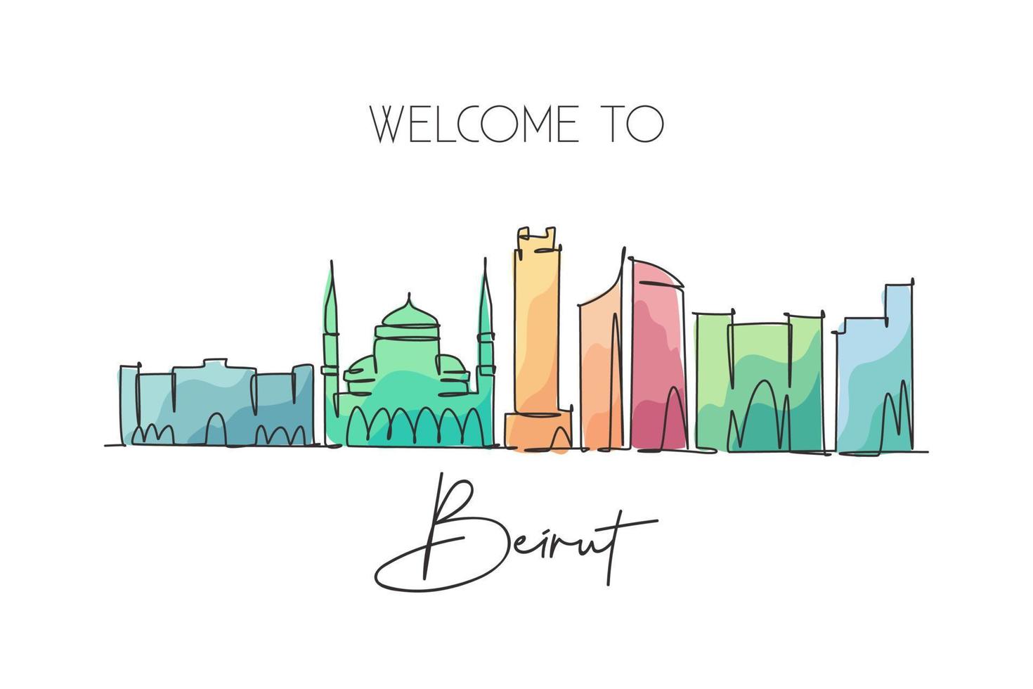 Single continuous line drawing of Beirut city skyline, Lebanon. Famous city scraper and landscape home wall decor poster print. World travel concept. Modern one line draw design vector illustration