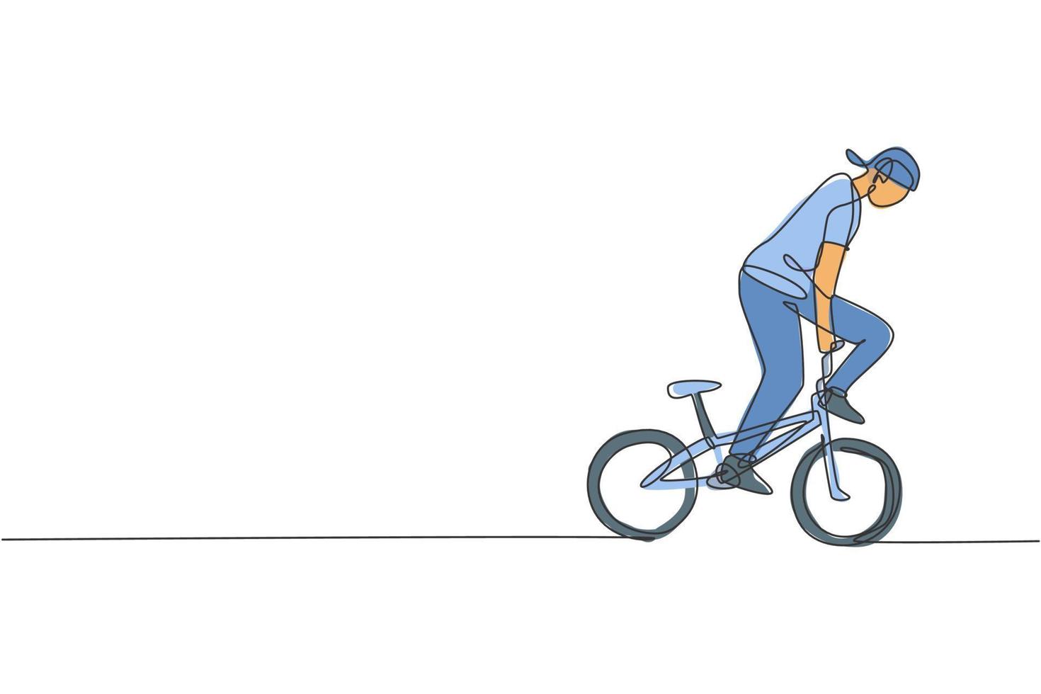 One single line drawing of young bmx bicycle rider performing freestyle trick on street vector illustration. Extreme sport concept. Modern continuous line draw design for freestyle competition banner