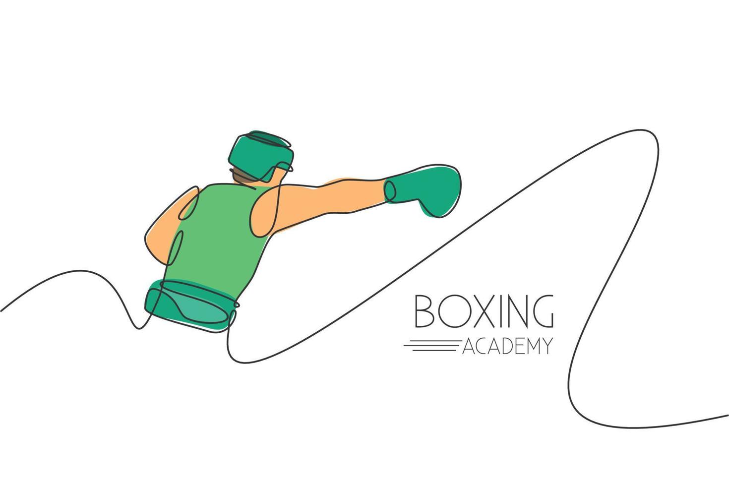 One single line drawing of young energetic man boxer practicing punch action vector illustration. Sport combative training concept. Modern continuous line draw design for boxing championship banner