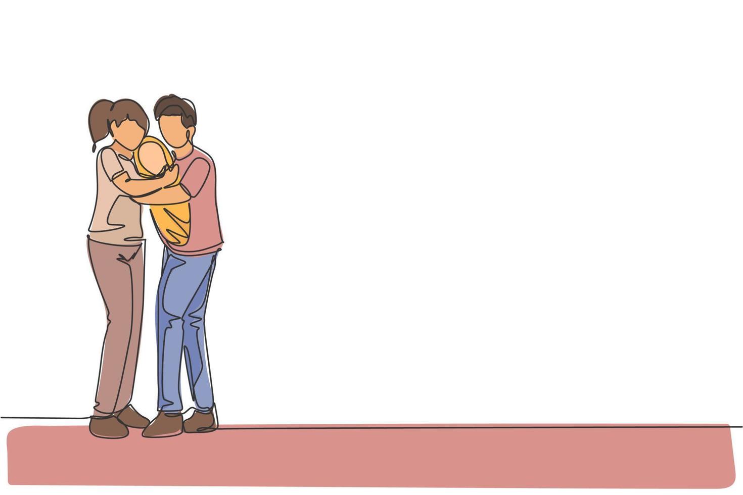 Un dibujo de una sola línea de la joven madre feliz y el padre abrazando a su bebé juntos llenos de calidez ilustración vectorial gráfica. concepto de educación para padres. diseño moderno de dibujo de línea continua vector