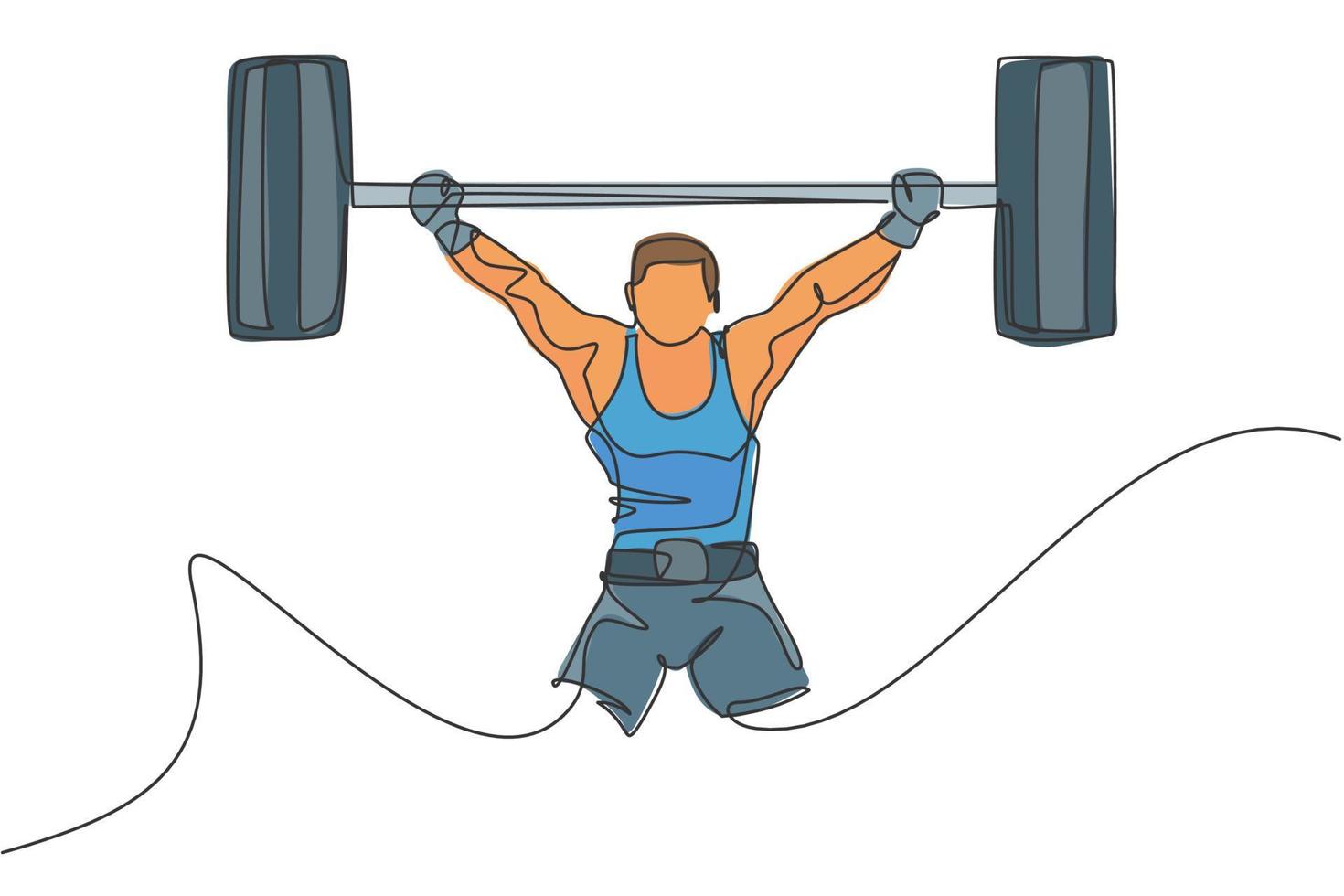 One single line drawing of fit young athlete muscular man lifting barbells working out at a gym vector illustration. Weightlifter preparing for training concept. Modern continuous line draw design