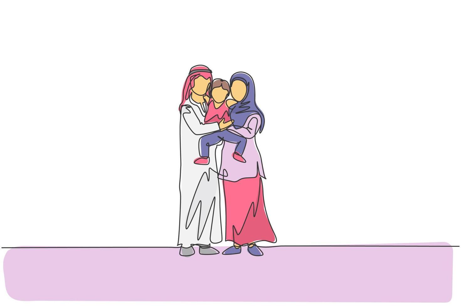 Single continuous line drawing of young happy Islamic mother and father hugging and lifting their boy son together. Muslim happy family parenting concept. One line draw design vector illustration