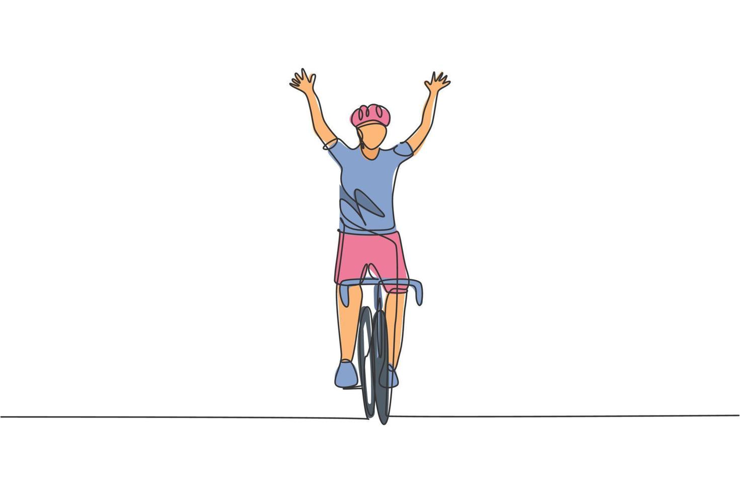 One continuous line drawing of young sporty man bicycle racer cross finish line and raise up his hands. Road cyclist concept. Single line draw design vector illustration for cycling competition poster