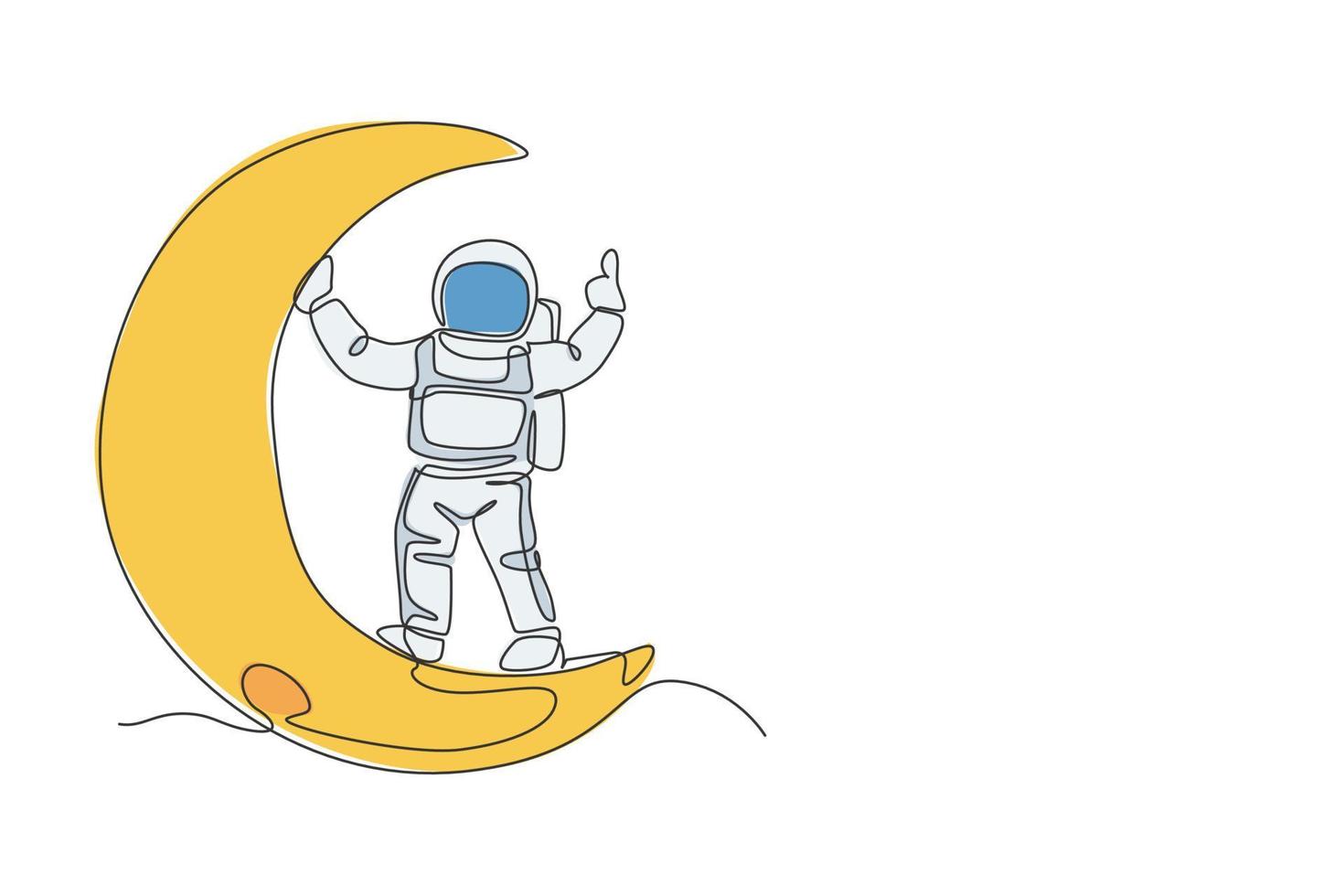 un cosmonauta de dibujo de línea continua explorando el espacio exterior. astronauta de pie sobre la media luna discutible. concepto de descubrimiento de galaxias cósmicas de fantasía. Ilustración de vector gráfico de diseño de dibujo de línea única dinámica