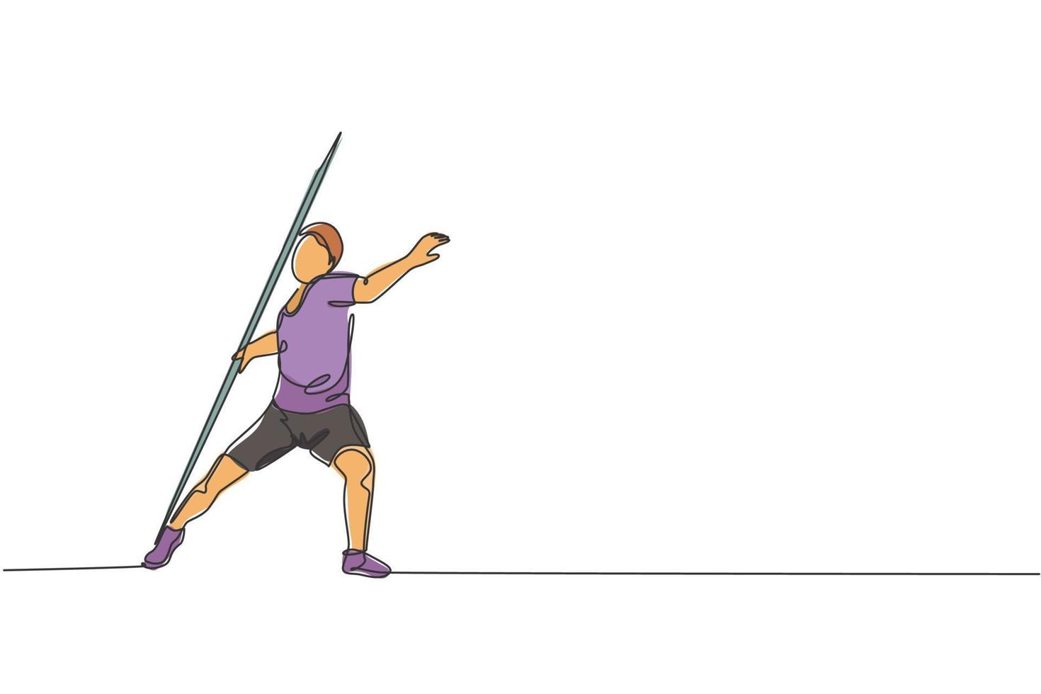 un dibujo de una sola línea de un joven hombre enérgico que lanza jabalina con todo el gráfico de ilustración vectorial de potencia. concepto de deporte atlético de estilo de vida saludable. diseño moderno de dibujo de línea continua vector