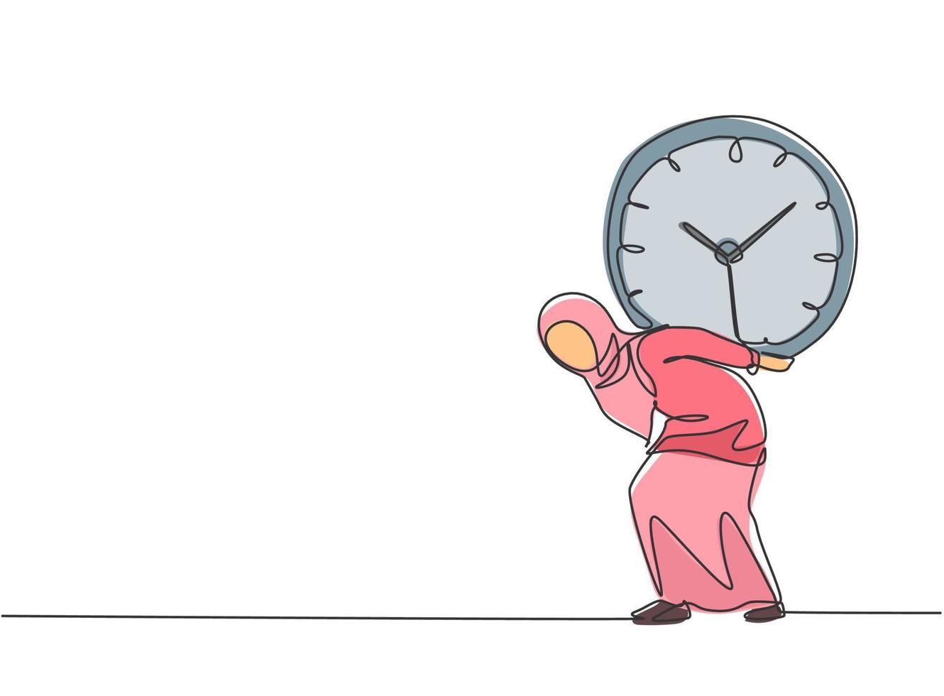 Un solo dibujo de una línea de una joven mujer de negocios árabe que llevaba al hombro un pesado reloj analógico grande con la espalda. concepto de metáfora de disciplina empresarial. Ilustración de vector gráfico de diseño de dibujo de línea continua.