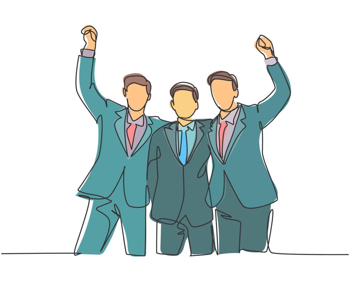 dibujo de una línea de tres jóvenes empresarios felices celebrando su objetivo sucesivo en la reunión de negocios con gesto de chocar los cinco. Ilustración de diseño de dibujo de línea continua de concepto de negocio vector