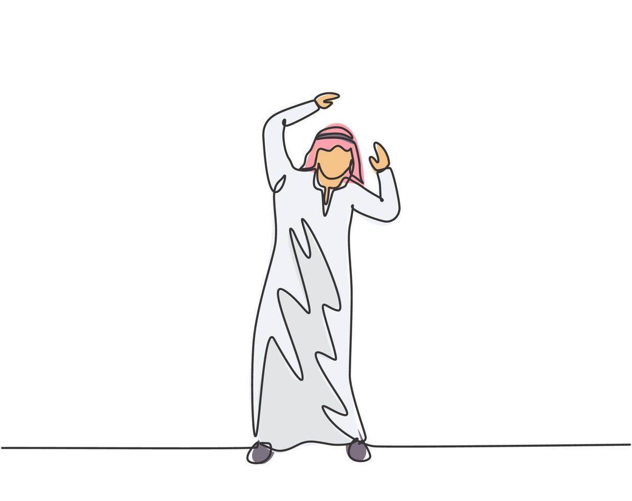 Continuous one line drawing young Arab male worker raise hands when doing business presentation. Speaker at business conference minimalist concept. Single line draw design vector graphic illustration