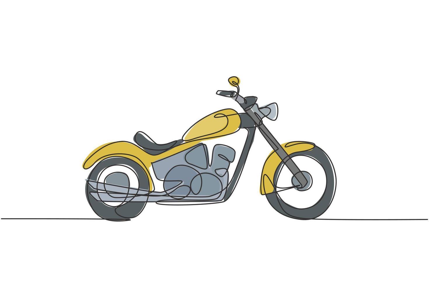 One single line drawing of old retro vintage motorcycle. Vintage motorbike transportation concept continuous line draw design vector illustration graphic