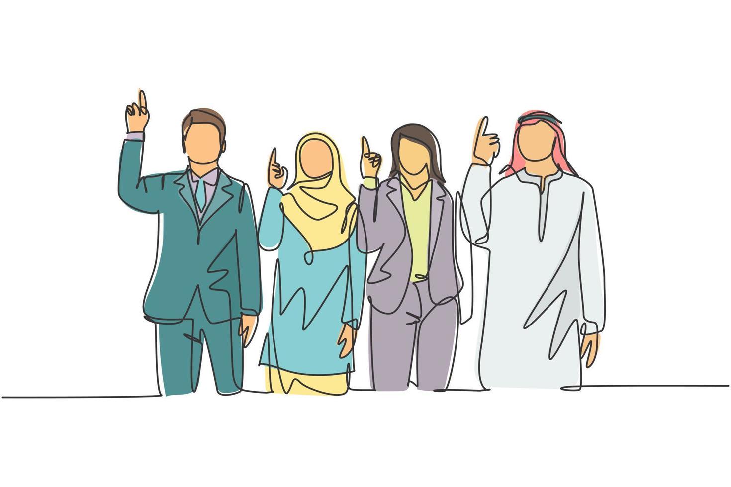 un dibujo de línea continua de jóvenes gerentes musulmanes masculinos y femeninos señalando con el dedo al cielo, creencia en dios. ropa islámica shemag, kandura, hijab. Ilustración de vector de diseño de dibujo de una sola línea