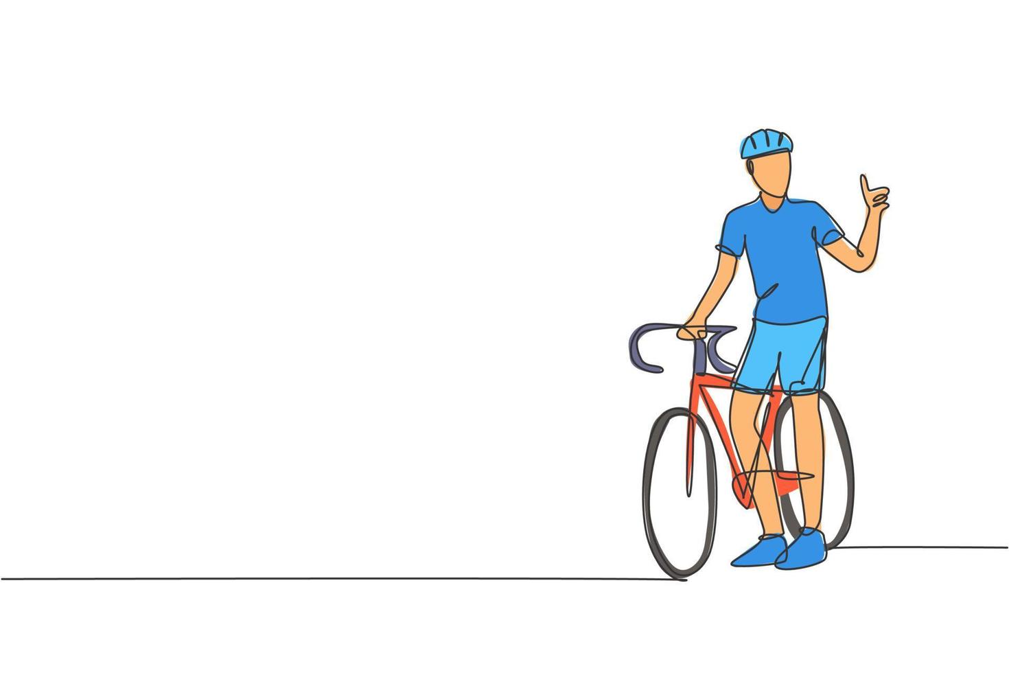 una sola línea de dibujo joven corredor de bicicletas apuntando con el dedo hacia arriba, gráfico de ilustración vectorial ganador número uno. concepto de ciclista de carreras. diseño de dibujo de línea continua para el banner del torneo de ciclismo vector